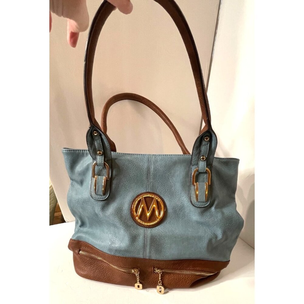 Mia K Farrow Tote Bag MKF Collection Isabelle Blue Brown Vegan Leather